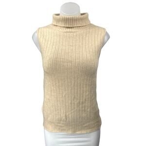 Bobeau Cream Sleeveless Turtleneck Foldover Ribbed Knit Sweater Vest Top Size M